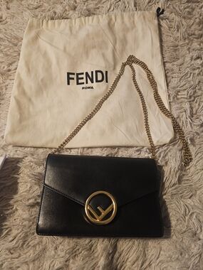 Fendi Black Leather Mini Shoulder Bag with Gold FF Circle Logo